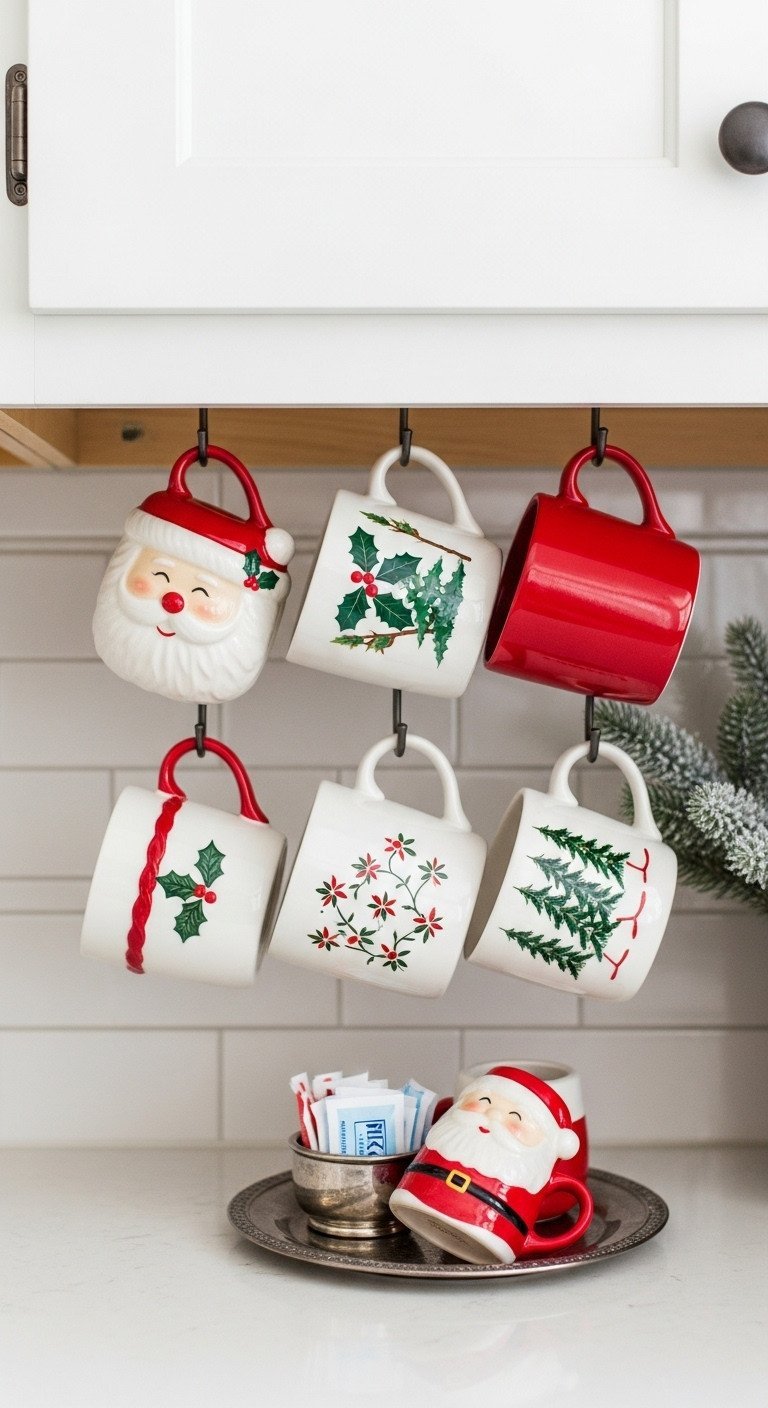 11 Ultimate Nostalgic Christmas Kitchen Decor Ideas 19 Collection of vintage ceramic Christmas mugs with Santa faces hung under a white cabinet with sugar packets and pine.