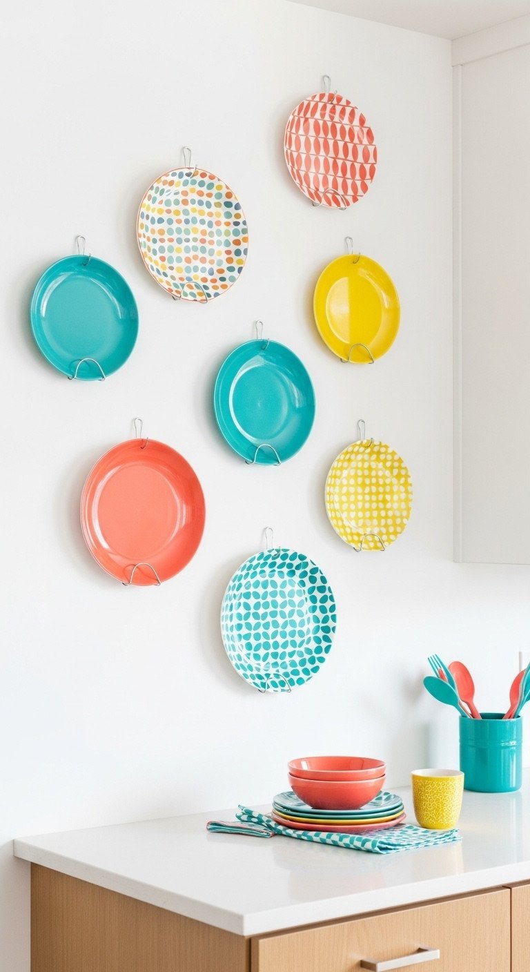 Stunning Plate Wall Decor And The Secrets To Hang It Right 13 Colorful modern melamine plates in coral, teal, and yellow hung in a scattered pattern on a white wall for a playful look.