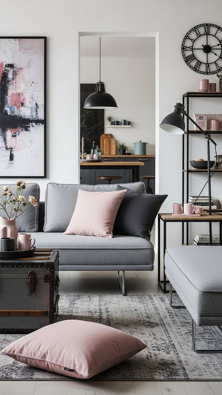 Comfortable industrial living room: modular sofa, vintage storage chest, minimalist shelving. Elegant gray, modern home interior.
