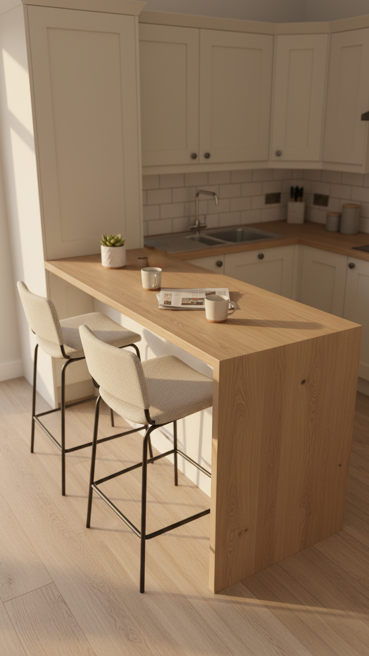 Compact L-shaped kitchen with an integrated breakfast bar peninsula and modern bar stools. Cozy casual dining space with warm wood tones.