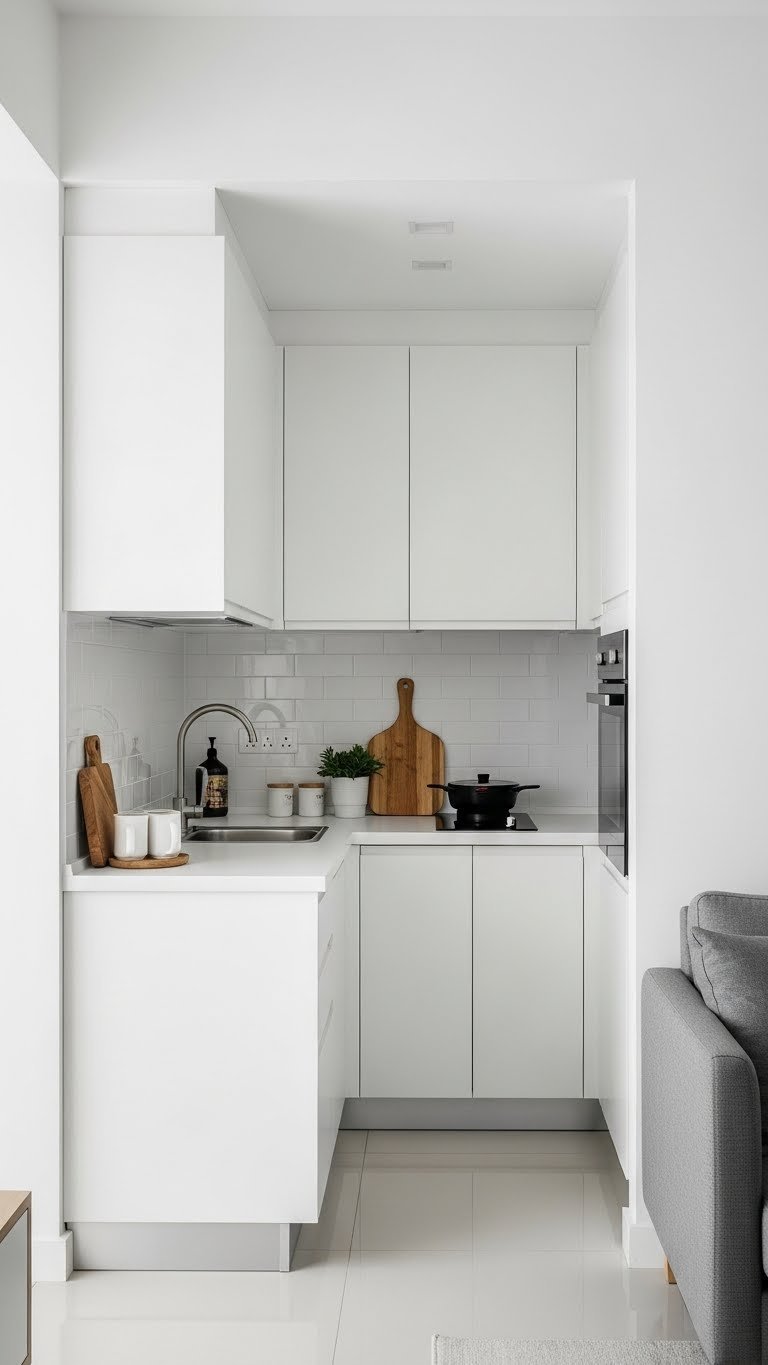 Compact L-shaped modular kitchen in an Indian apartment, open to living room with white and natural wood cabinetry, bright daylight.