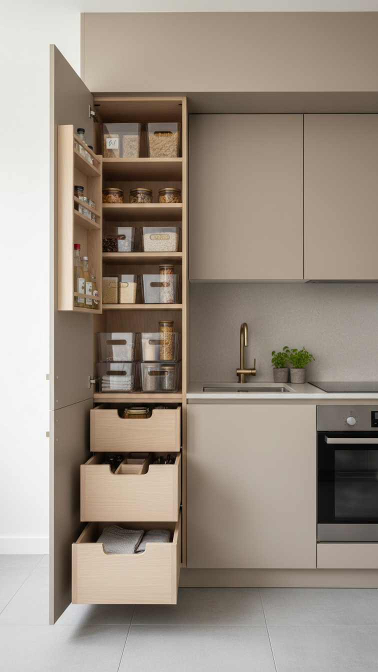 Compact beige kitchen with innovative floor-to-ceiling pantry integrated into modern cabinets, revealing organized shelving.