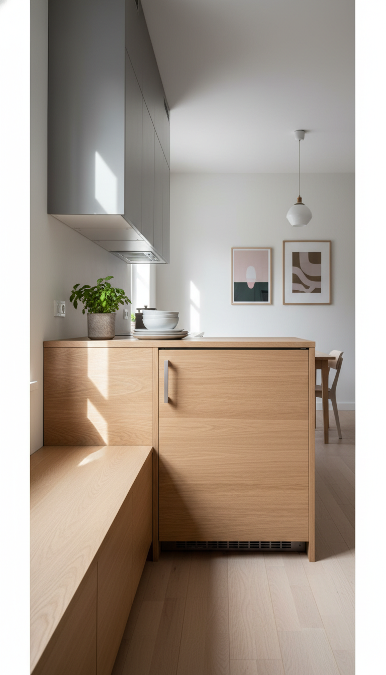 Compact galley kitchen featuring a small hidden fridge seamlessly integrated into light wood custom furniture, optimizing small space design.
