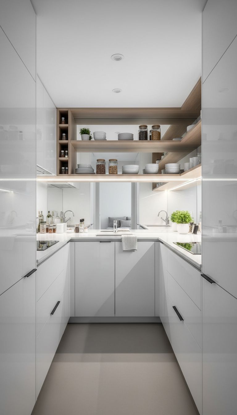 Compact galley kitchen maximizes vertical space with floor-to-ceiling cabinetry, mirrored backsplash, open shelving, and under-cabinet lighting.
