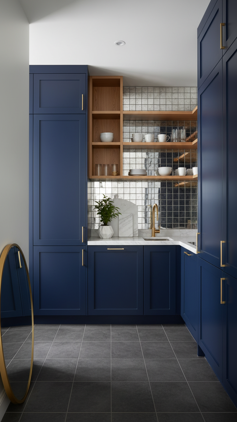 Compact galley kitchen with floor-to-ceiling navy cabinets, mirrored backsplash, and vertical storage maximizing space in a small design.