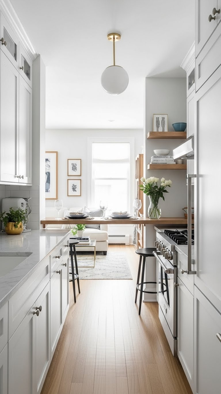 Compact galley kitchen with white marble dining counter flows to small living area. White cabinetry, light wood, navy accents.