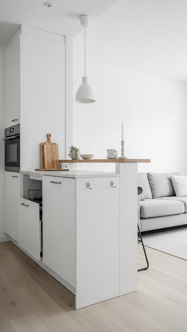 Compact kitchen island in small open plan kitchen, light colors, hidden storage. Seamless flow, minimalist gray & white interior design.