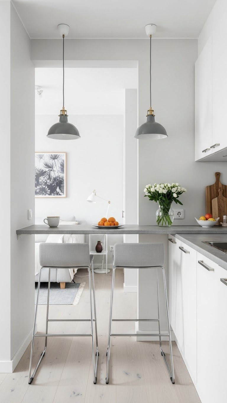 9 Island Design Ideas For Open Kitchen Living Room 13 Compact kitchen island with pale gray countertop, white cabinetry, and seating for two, maximizing space in a small open-plan apartment.