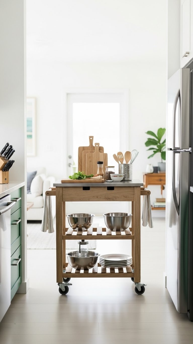 Compact kitchen, versatile mobile kitchen cart, food prep area, minimalist open living room backdrop. Fresh greens, natural woods, cool whites.