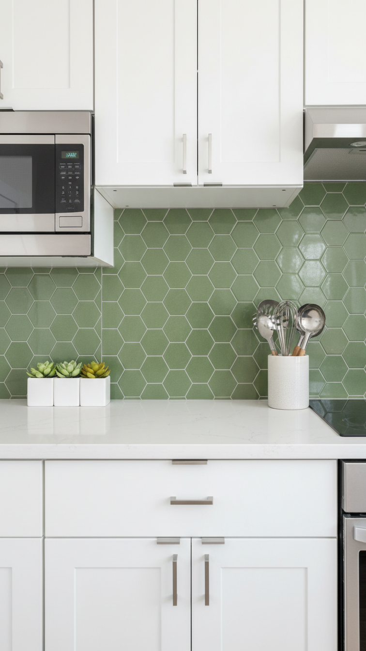 Compact kitchen with a large format hexagonal olive green backsplash, providing geometric interest above a white quartz countertop.