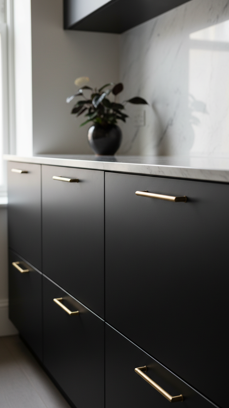 Compact kitchen with sophisticated matte black cabinetry, light marble countertop, and brass hardware, creating an elegant modern design.