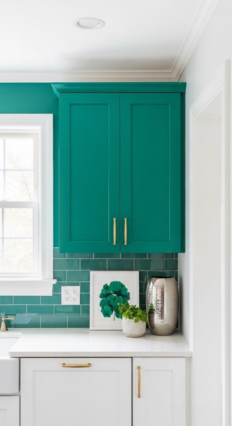 Compact kitchen with vibrant emerald green accent wall, white shelves, metal vase, and dramatic artwork, minimalist design.