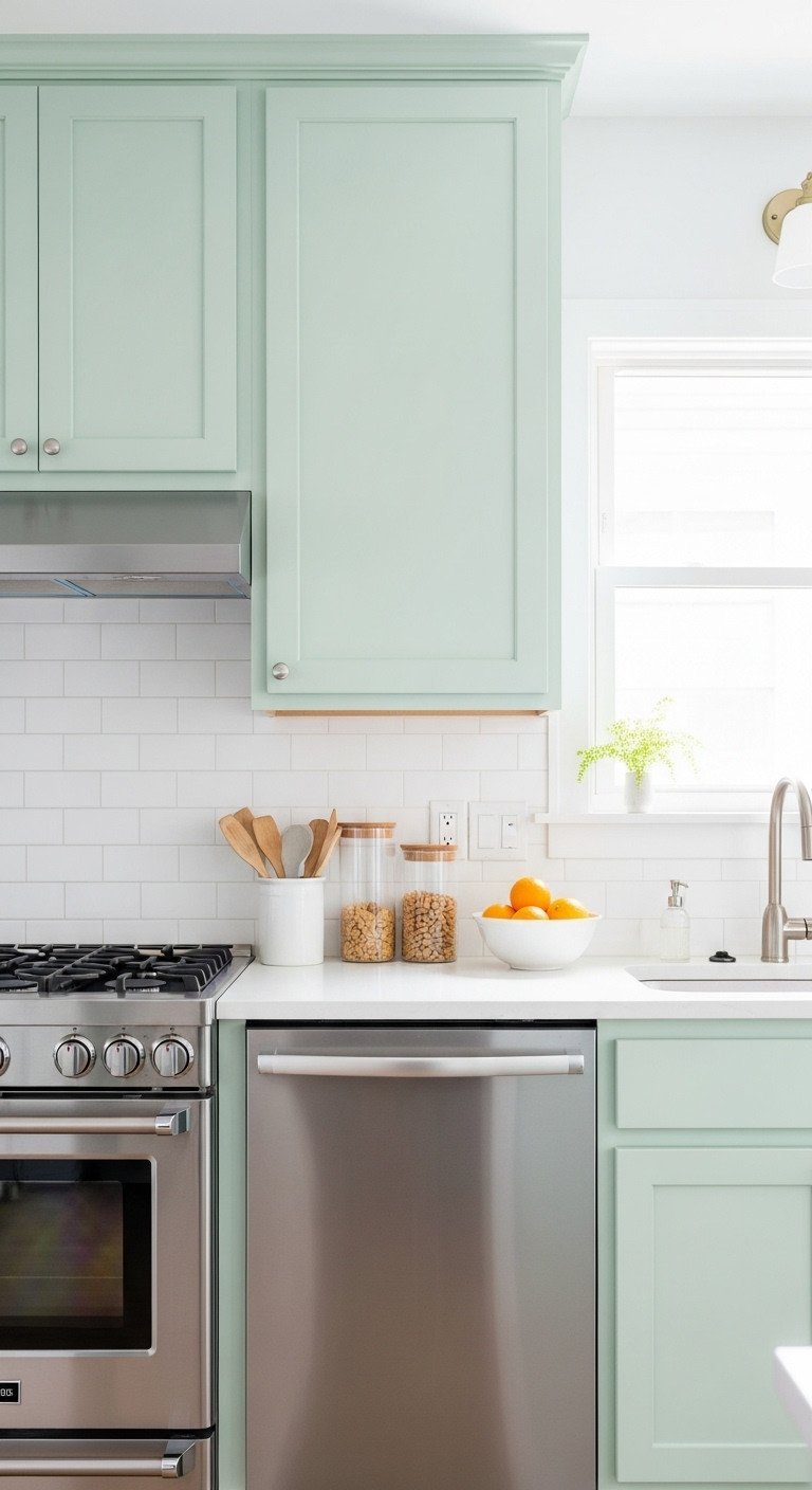 Compact mint green kitchen cabinets with stainless steel appliances, chrome hardware, white counter, citrus bowl, glass storage.