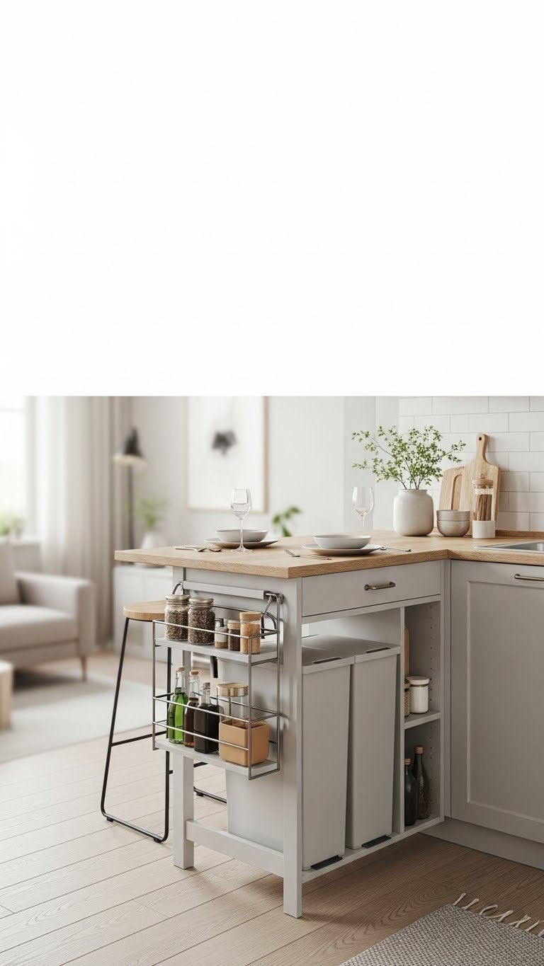 Compact, multi-functional kitchen island with pull-out storage, two bar stools, minimalist accessories, bright open concept apartment design.