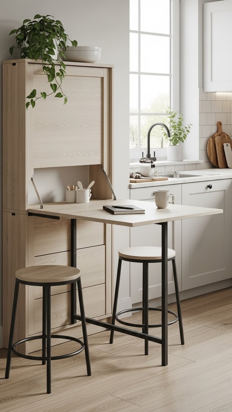 Compact open kitchen living room, sleek multifunction dining table convertible to counter, hidden storage, minimalist stools, light wood.