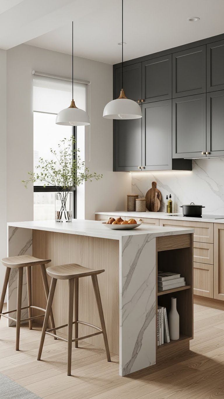 Compact open kitchen with efficient multipurpose island, seating, hidden storage, waterfall edge, bar stools, white marble counter.