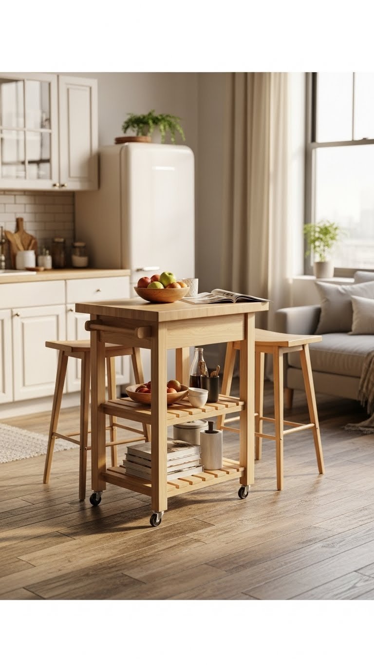 Compact wooden mobile kitchen island with butcher block top, open shelving, and two stools, ideal for small studio dining.