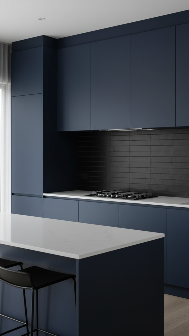 Concealed range hood within seamless matte black kitchen cabinetry, minimalist pull-out ventilation, white quartz countertop, gas cooktop.