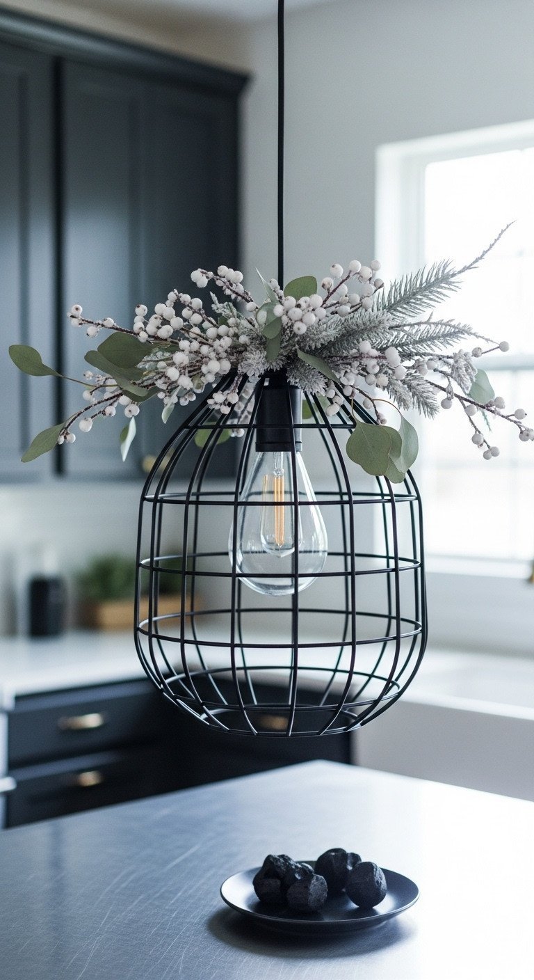 Contemporary black metal cage pendant light decorated for Christmas with icy white berries and frosted eucalyptus, modern kitchen.