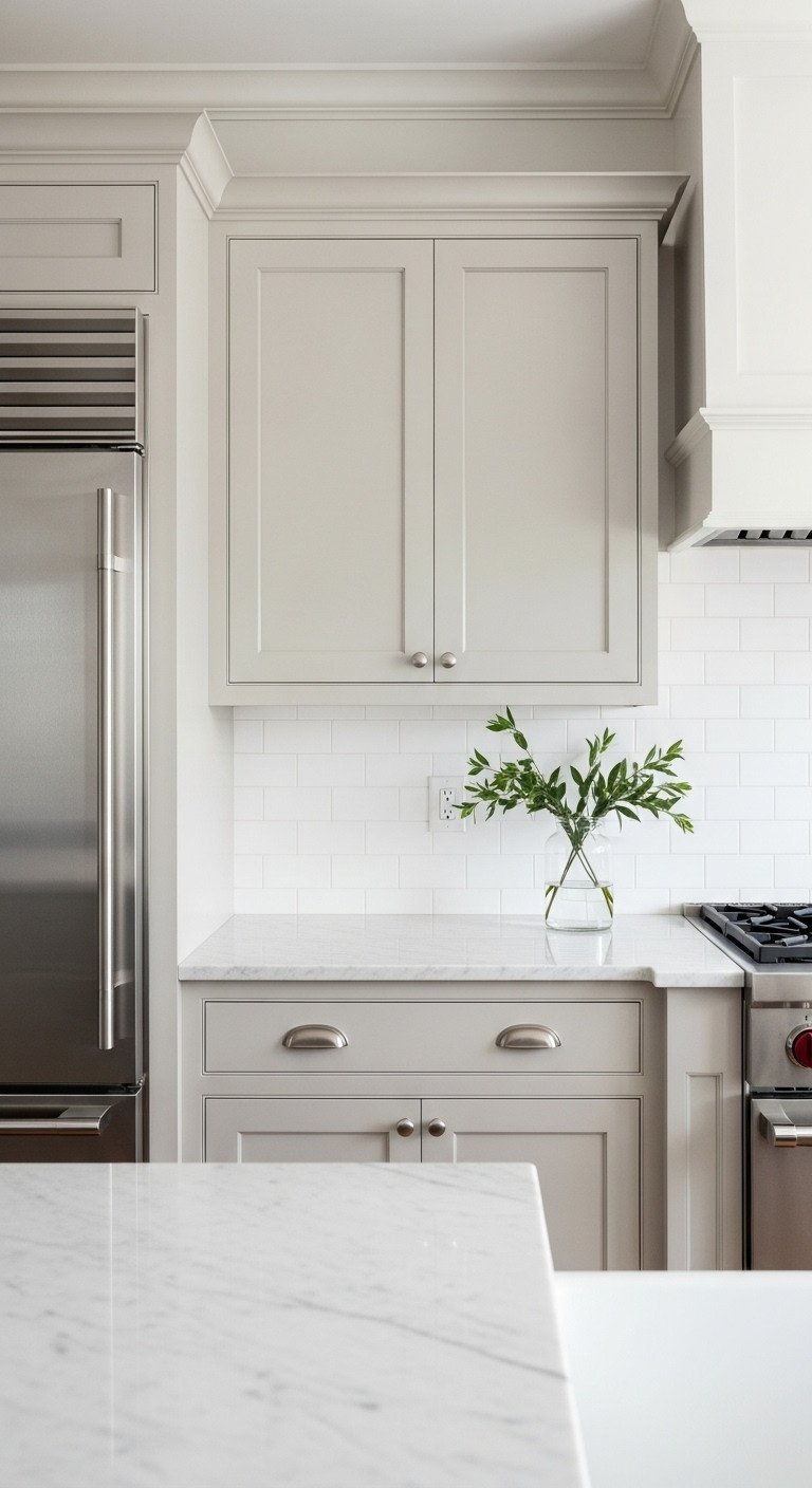 Contemporary greige flat-panel kitchen cabinets, marble countertop, subway tile, stainless steel appliances, glass vase. Elegant design.