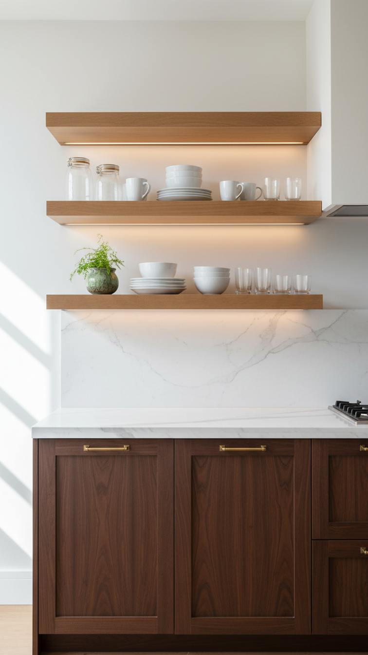 Contemporary kitchen: dark wood base cabinets, light open shelving with white ceramics, white marble countertop.