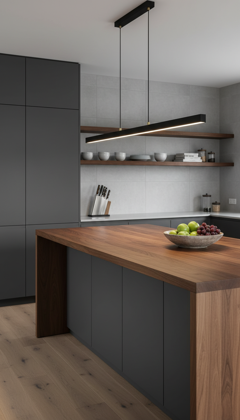 Contemporary kitchen: long black linear suspension light over a wooden butcher block island. Modern task lighting, deep metallic tones.