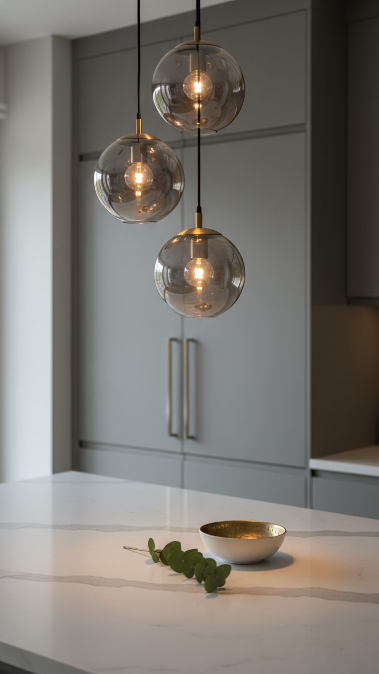 Contemporary kitchen with a cluster of smoked glass globe pendant lights over a light quartz countertop, elegant gray cabinetry.