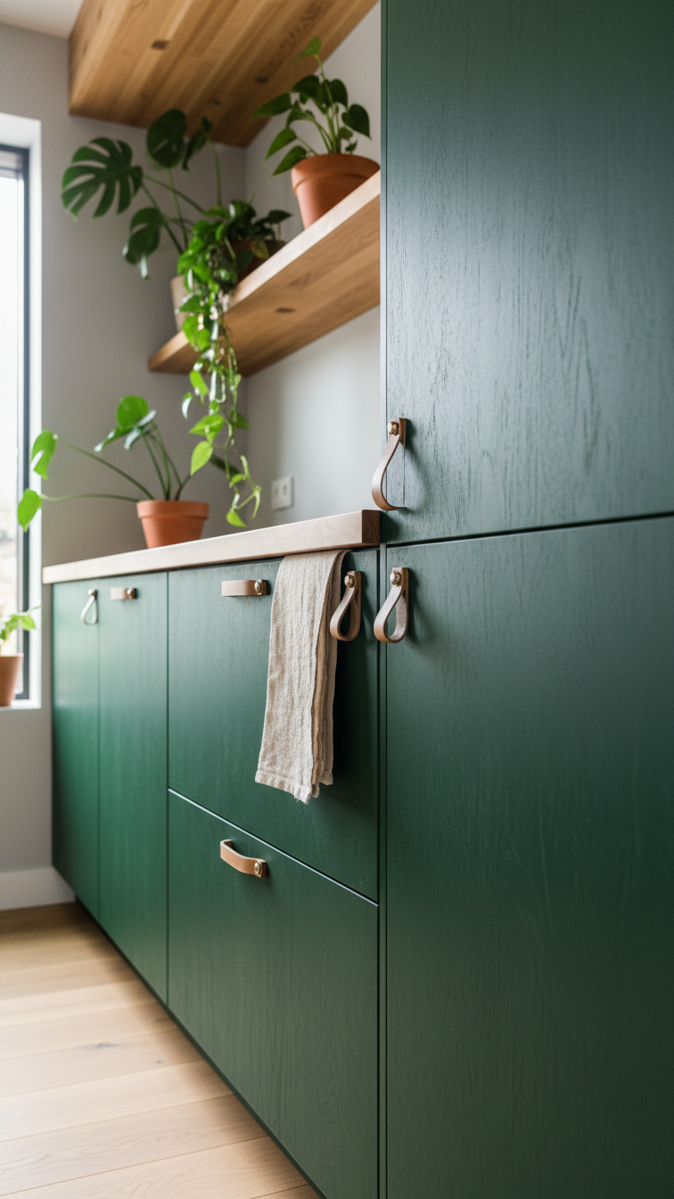 Contemporary kitchen with deep forest green wood cabinets, butcher block countertop, leather pulls, biophilic design, natural light.