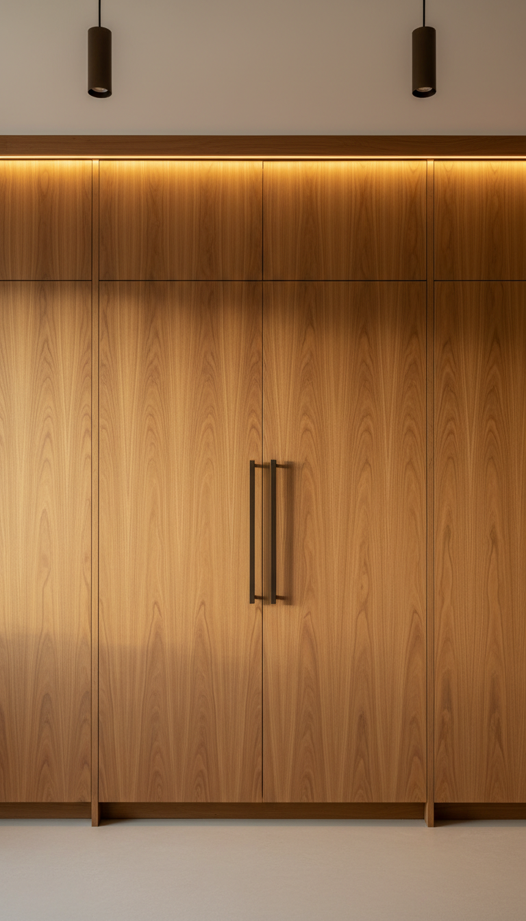 Contemporary kitchen with floor-to-ceiling warm wood grain cabinets concealing integrated fridge, freezer, and pantry for seamless design.