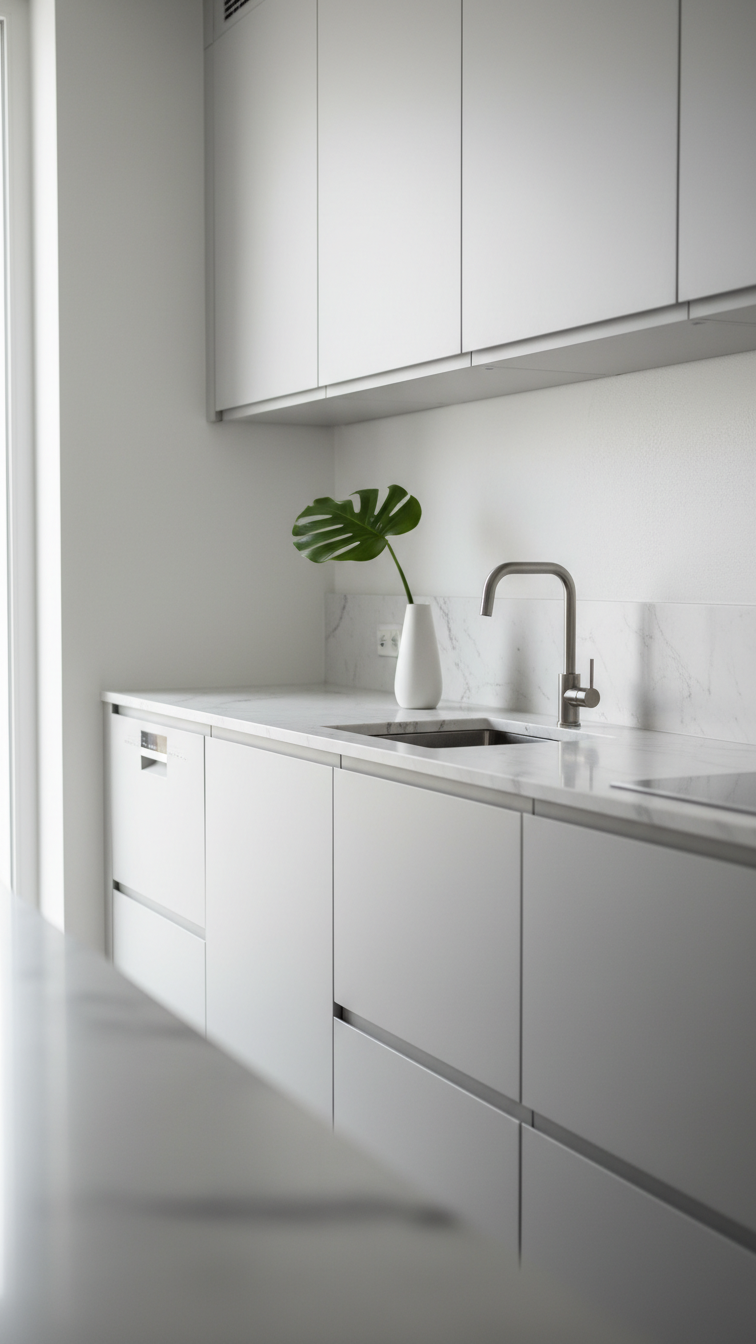 Contemporary small kitchen with integrated dishwasher, refrigerator behind flat-front white cabinets, marble counter, minimalist faucet.