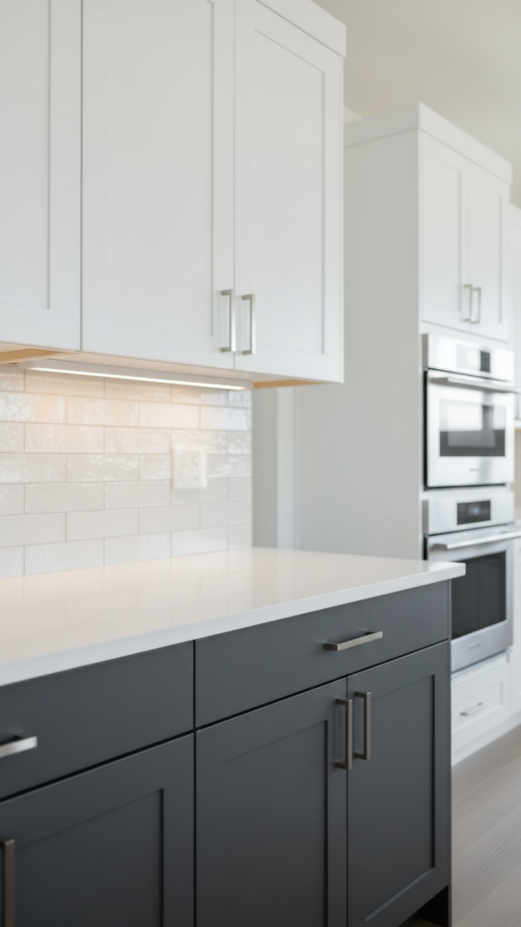 Contemporary tuxedo kitchen with matte navy lower cabinets, handleless white uppers, white quartz counter, subway tile backsplash.