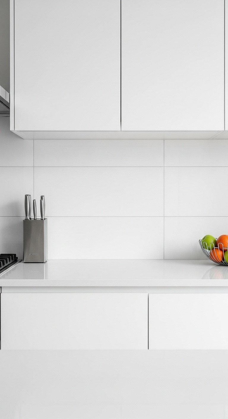 Contemporary white kitchen featuring large format porcelain tile backsplash, seamless design, matching counter, and minimalist stainless steel accents.