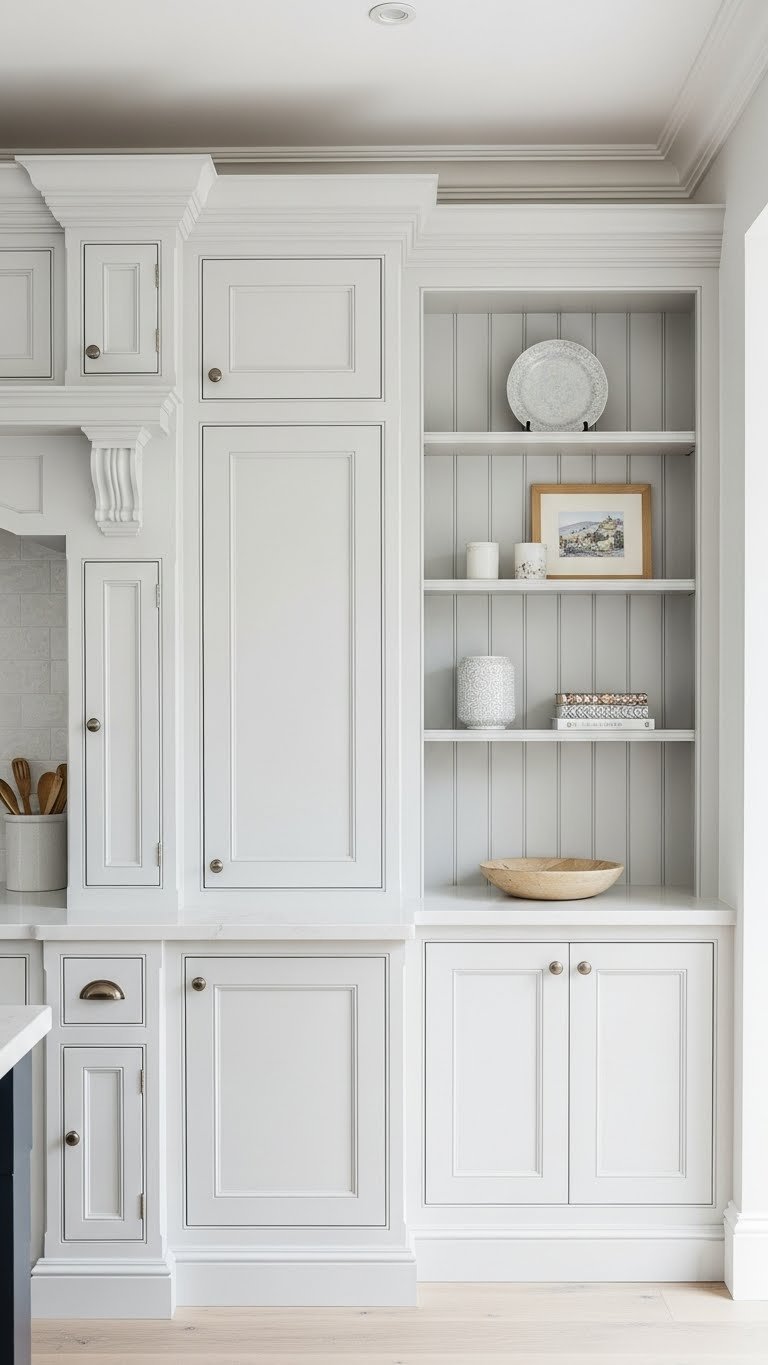 Continuous traditional built-in cabinetry with crown molding connecting kitchen and living room, showcasing bespoke millwork and charm.