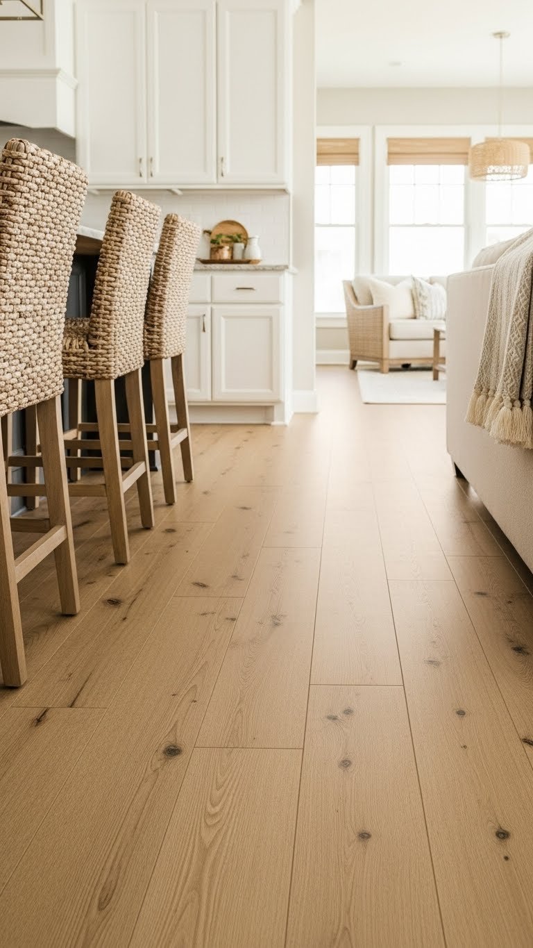 Continuous wide-plank light engineered hardwood flooring flowing from kitchen to sunlit living room, warm and expansive design.