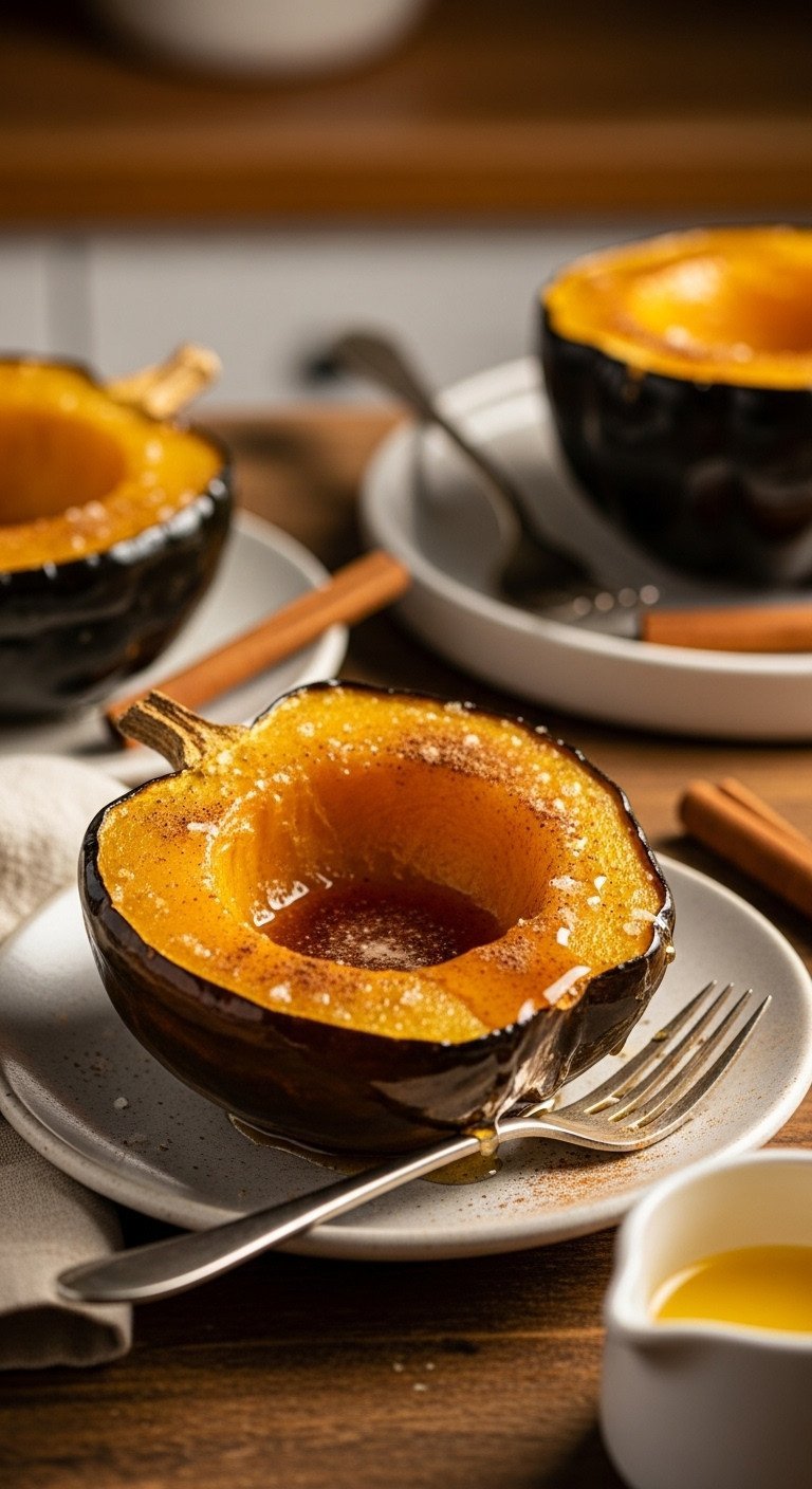 Ultimate Acorn Squash Recipe Sweet And Savory Guide 5 Cooked acorn squash half on ceramic plate, glistening with melted brown sugar butter glaze and cinnamon sprinkle.