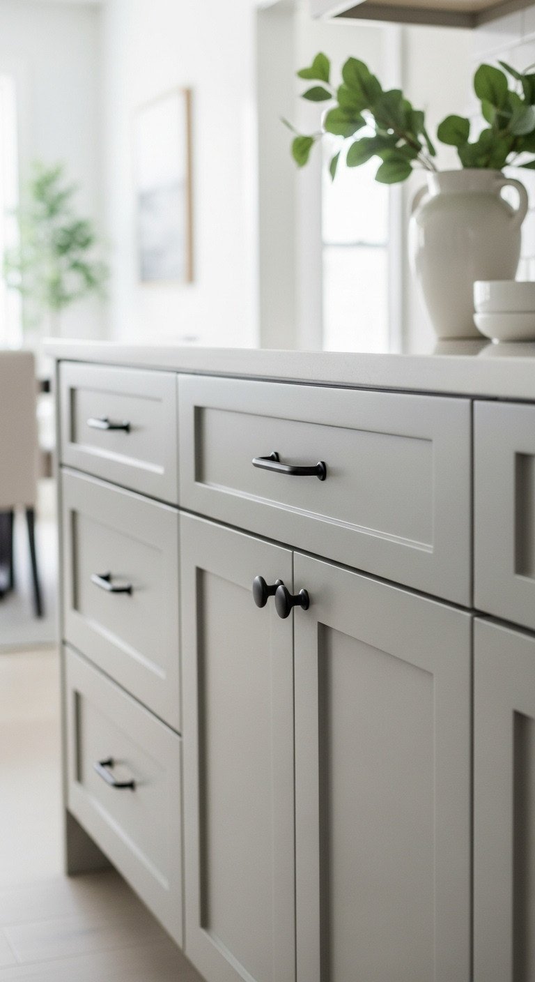 Cool taupe flat-panel kitchen cabinets with matte black pulls, white quartz countertop, and green foliage. Modern kitchen design.