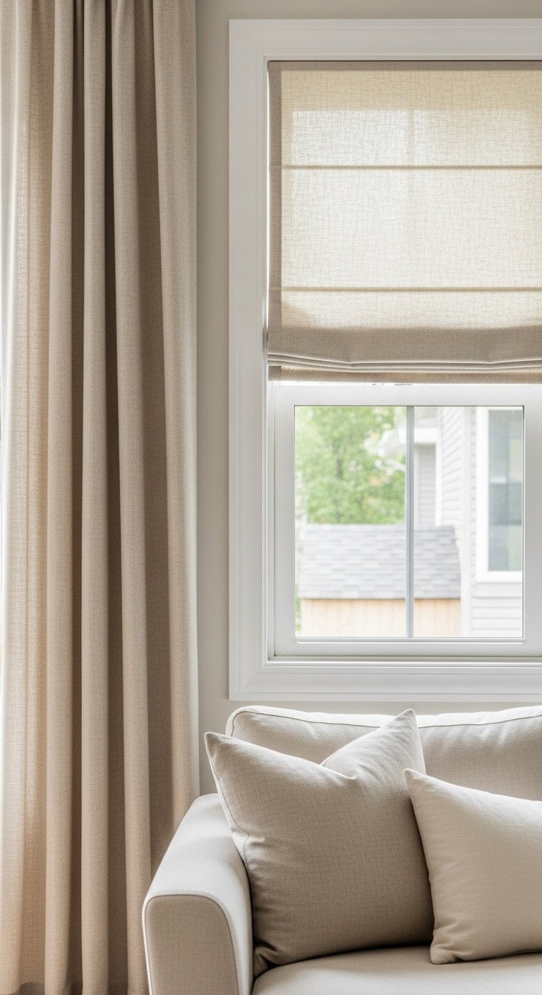 9 Stunning Home Decor Ideas For A Cohesive Living Room And Kitchen 17 Coordinated home textiles featuring natural linen curtains in the living room and a matching Roman shade in the kitchen.