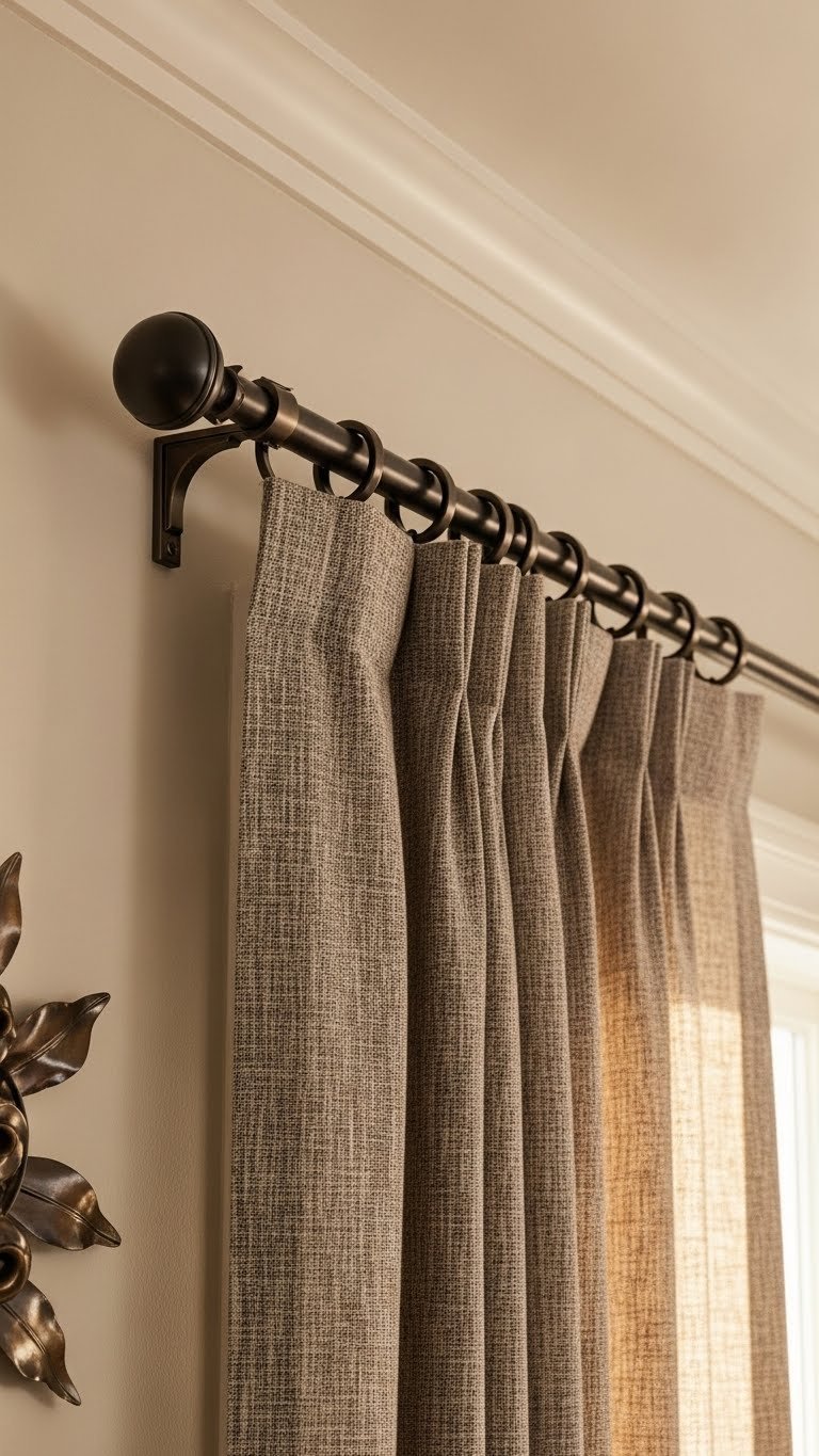 Coordinated matte black curtain rod, finials, and brackets unify adjacent open plan windows, bathed in warm golden hour light.