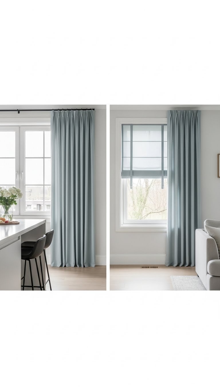 Coordinating floor-to-ceiling living room drapes and café kitchen curtains define open-plan zones, with modern sofa and sleek counter.