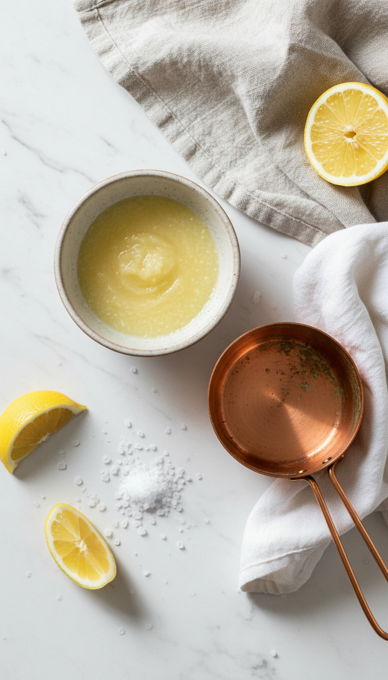 Copper cleaning supplies: lemon, salt paste, and polishing cloth next to a tarnished copper kettle on a marble counter.