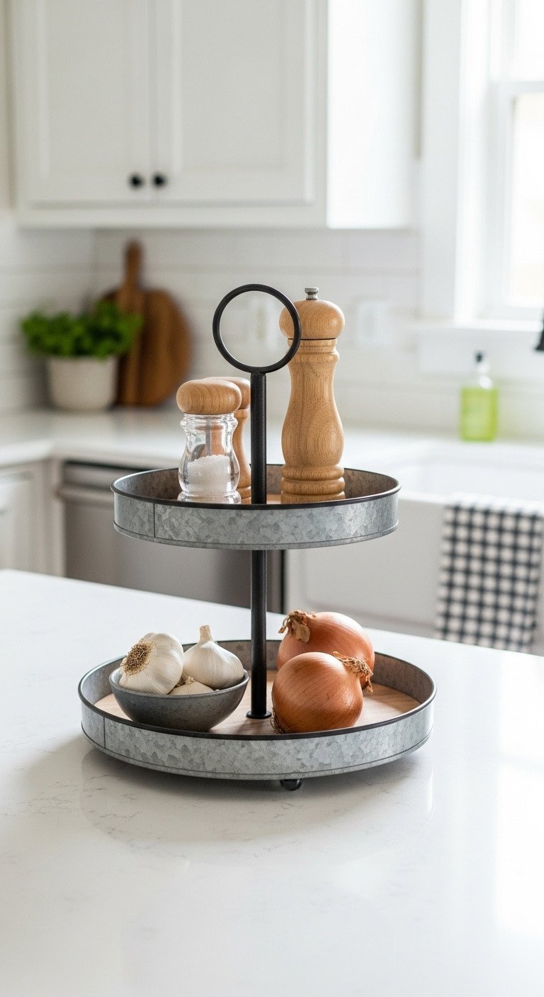 Cottage-style two-tiered tray in galvanized metal and wood holds garlic, an onion, a salt cellar, and a pepper mill.