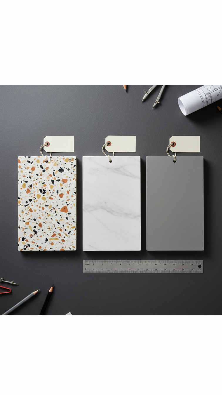Countertop material samples: terrazzo, marble, and quartz side-by-side, comparing texture, sheen, and pattern for design.