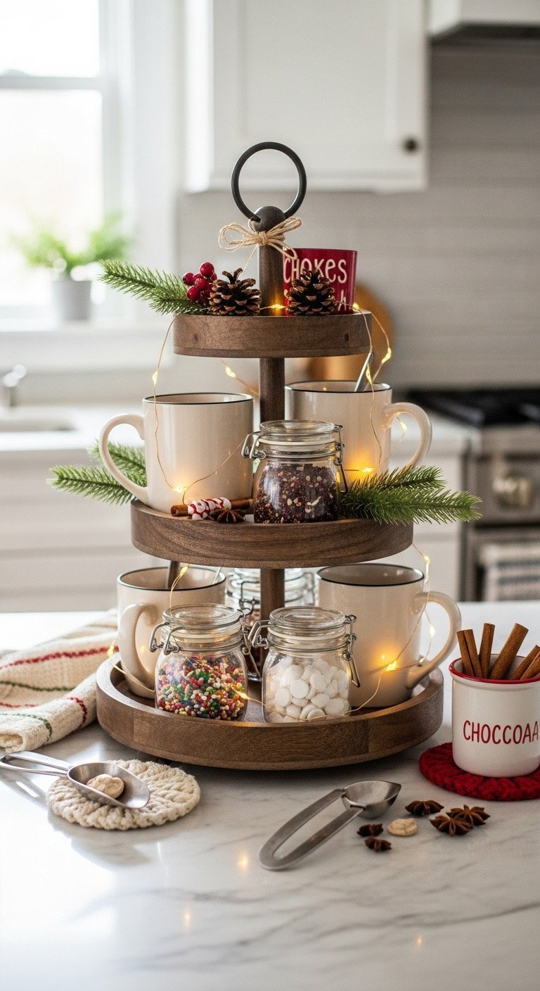 Cozy Christmas hot cocoa bar on a three-tiered wooden tray with mugs, colorful toppings, fairy lights, and holiday decor.