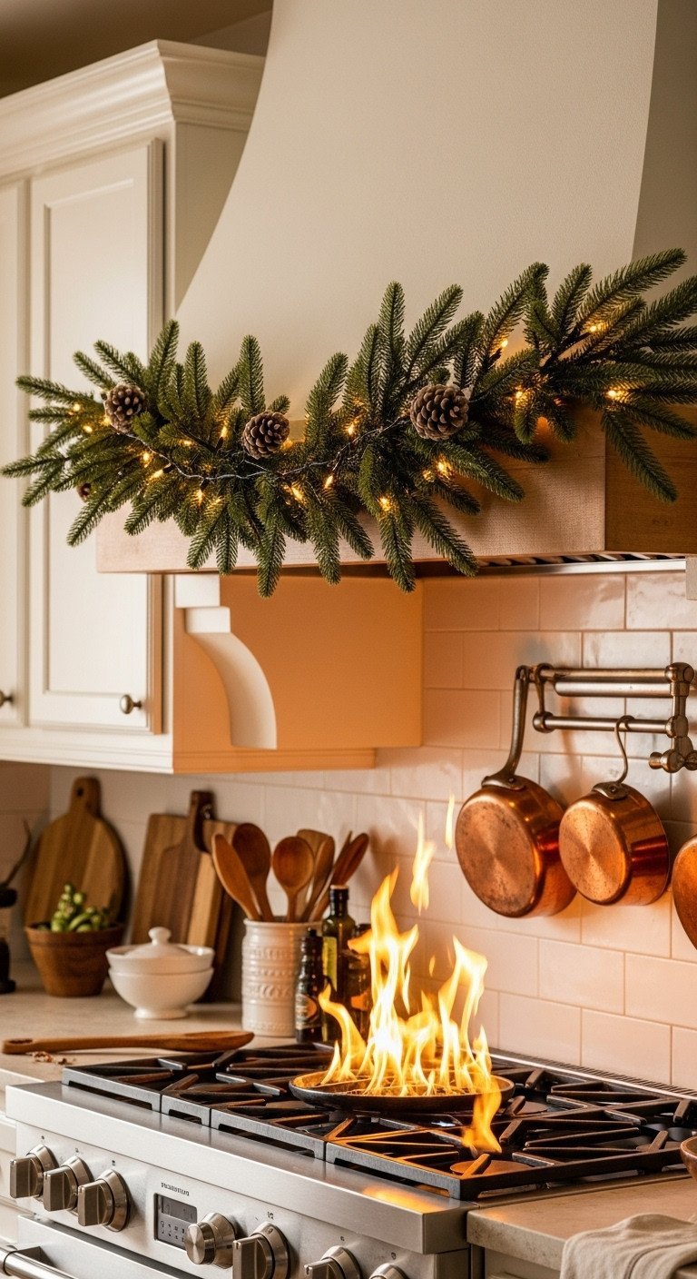 Cozy Christmas kitchen: flame-retardant faux pine garland with LED lights draped safely above stove hood, copper pots visible.