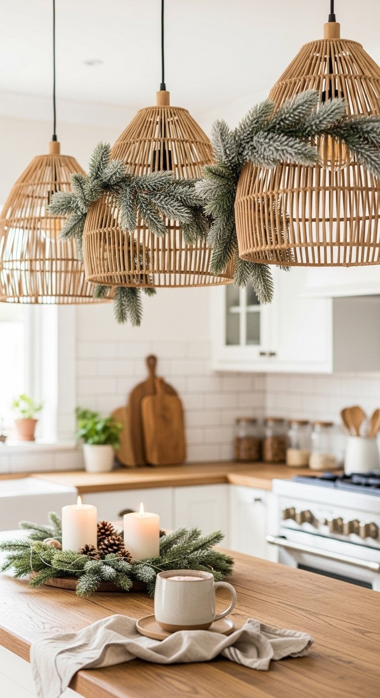 Cozy Christmas kitchen island with three rattan pendant lights decorated with frosted pine garland, warm glow, cocoa mug, and wood cabinets.