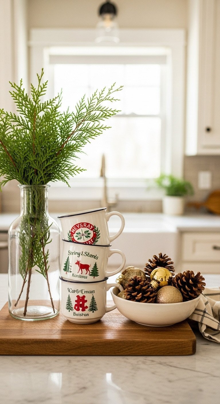 Cozy Christmas kitchen vignette: cedar sprigs, vintage holiday mugs, pinecones, ornaments on a rustic wooden board, marble counter.