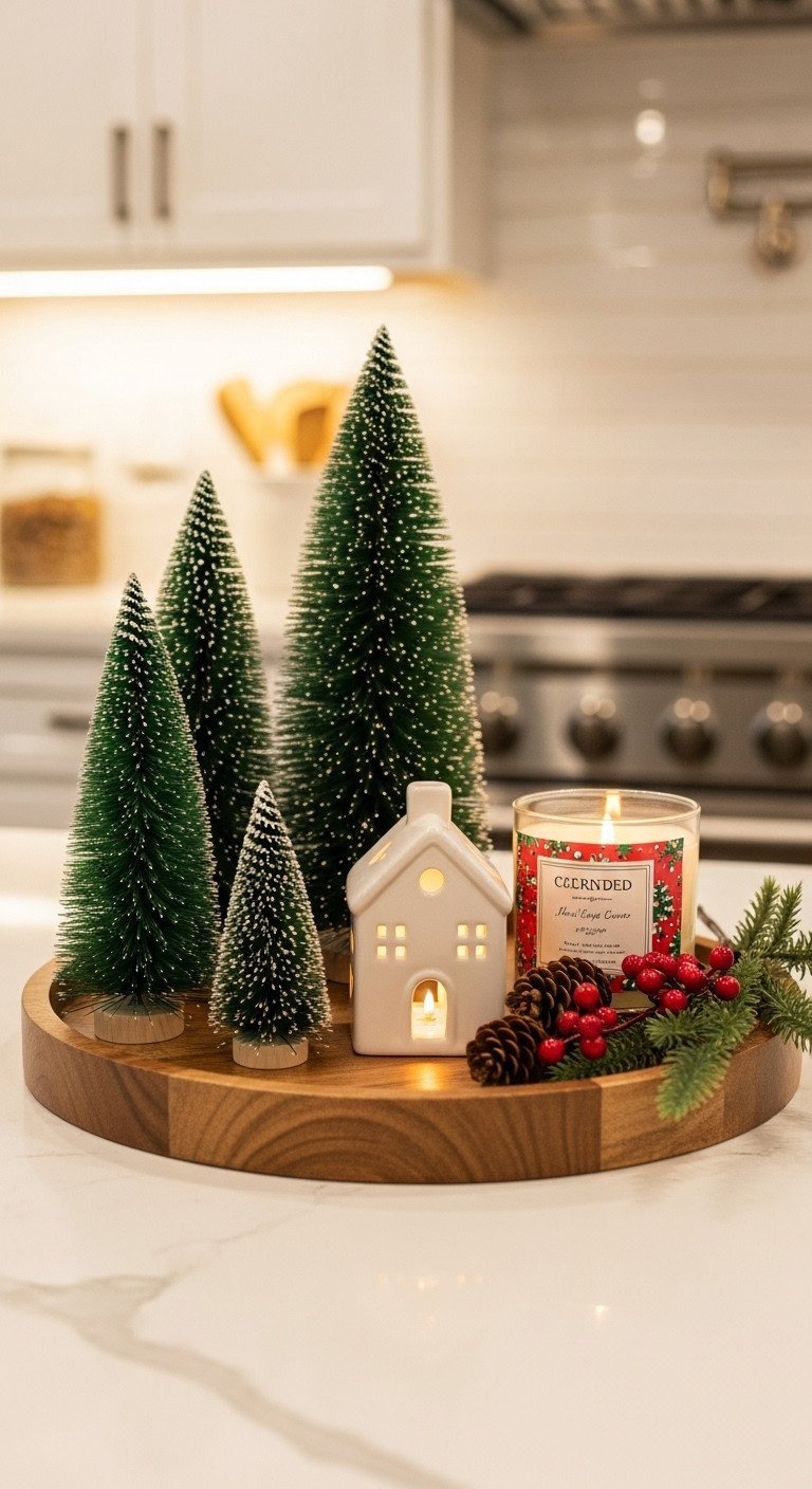 Cozy Christmas vignette on a round wooden tray with bottle brush trees, a ceramic house, and a candle on a kitchen counter.