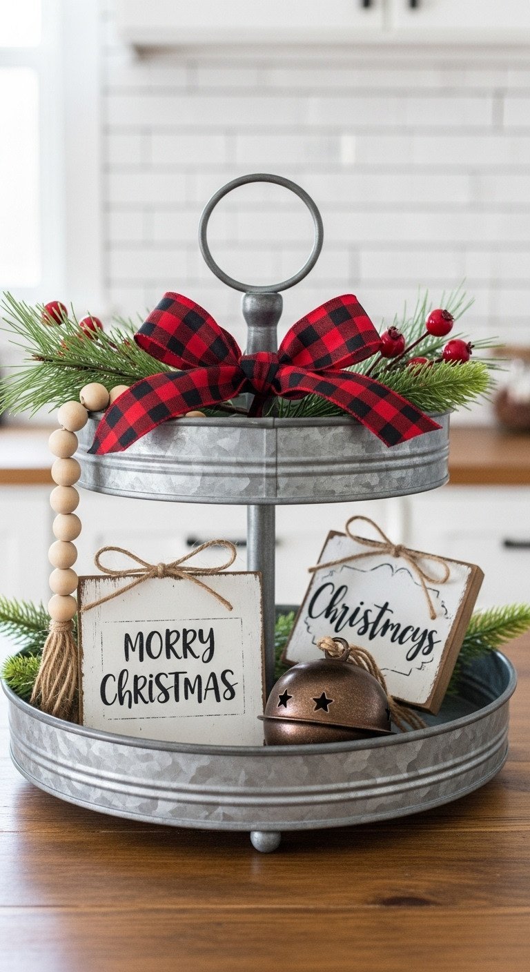 Cozy Farmhouse Christmas decor on a two-tiered galvanized metal tray with red buffalo plaid ribbon, pine greenery, and wooden signs.