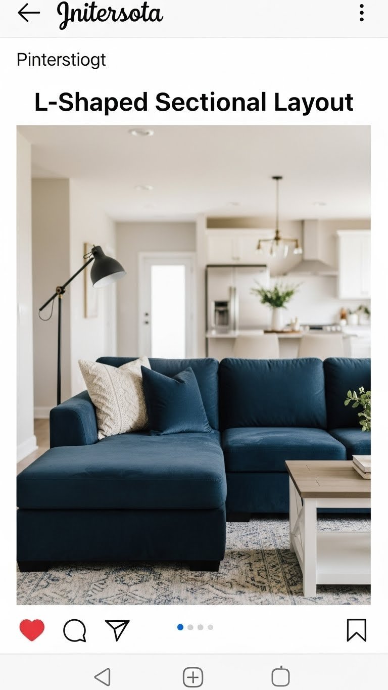 Cozy L-shaped sectional sofa in open plan living room. Defined seating zone with warm cream and navy blue decor, soft rug, and coffee table.