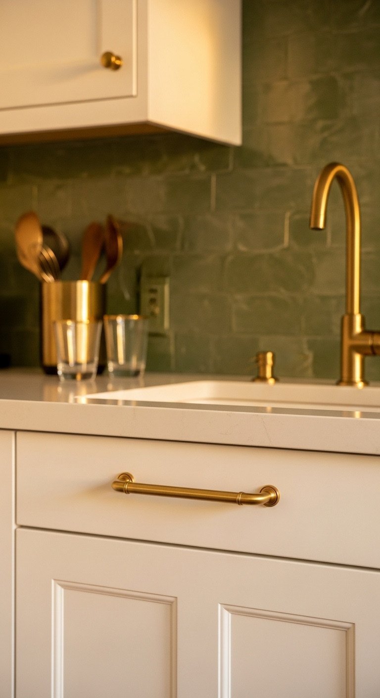 Cozy breakfast nook with botanical green & white wallpaper, round wood table, fresh fruit, coffee cup, linen cushions.